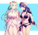  2girls bikini black_bikini blue_hair breasts byleth_(female)_(fire_emblem) byleth_(female)_(summer)_(fire_emblem) byleth_(fire_emblem) cleavage commentary_request fire_emblem fire_emblem:_three_houses fire_emblem_heroes flower food green_eyes green_hair hair_flower hair_ornament highres holding_ice_cream_cone ice_cream ichi_(dndk01) large_breasts long_hair multiple_girls navel official_alternate_costume open_mouth rhea_(fire_emblem) rhea_(summer)_(fire_emblem) sideboob swimsuit white_bikini 