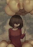  1girl :3 absurdres arm_behind_back balloon black_eyes bra_strap brown_hair commentary highres holding holding_balloon mafurara medium_hair original red_shirt shirt smile solo symbol-only_commentary upper_body 