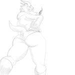 anthro black_and_white butt butt_focus cigarette clothing dutch_angle female fingerless_gloves gloves hand_on_hip handwear hoodie knee_highs legwear looking_at_viewer looking_down monochrome pineathyl raised_tail scalie sketch smile smoking solo solo_focus tail topwear