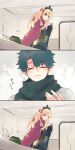 ... 1boy 1girl ^_^ azumi_(myameco) black_hair black_scarf black_thighhighs blonde_hair cape closed_eyes commentary_request ereshkigal_(fate) fate/grand_order fate_(series) fou_(fate) fujimaru_ritsuka_(male) hair_ribbon indoors knitting long_hair red_cape red_eyes red_ribbon ribbon scarf short_hair sitting skull_and_crossbones smile spoken_ellipsis thighhighs tiara traditional_media trembling 