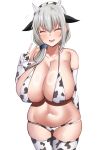  1girl animal_ears animal_print bikini breasts closed_eyes cow_ears cow_horns cow_print cow_print_bikini cow_print_gloves cow_print_thighhighs cowboy_shot elbow_gloves fake_animal_ears fake_horns gloves grey_hair hair_between_eyes hair_over_shoulder highres horns huge_breasts long_hair mature_female navel open_mouth partially_fingerless_gloves print_bikini print_gloves print_thighhighs simple_background solo standing swimsuit tf_cafe thighhighs uzaki-chan_wa_asobitai! uzaki_tsuki white_background 