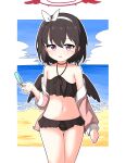  1girl bare_shoulders beach bikini black_bikini black_hair black_wings blue_archive border bow_hairband choker cloud collarbone day feet_out_of_frame flat_chest food frilled_bikini frills hagoonha hairband halo hand_up highres holding holding_food holding_popsicle jacket jacket_over_swimsuit light_blush looking_at_viewer low_wings mashiro_(blue_archive) mashiro_(swimsuit)_(blue_archive) navel ocean open_mouth outdoors pink_jacket popsicle purple_eyes red_halo short_hair sky solo swimsuit white_border white_hairband winged_halo wings 