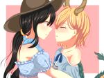  2girls antlers baketsumuri black_hair blonde_hair brown_headwear cowboy_hat dragon_girl dragon_horns dragon_tail hat highres horns kicchou_yachie kurokoma_saki long_hair multiple_girls short_hair tail touhou turtle_shell yellow_horns yuri 