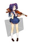  1girl absurdres blue_hair blue_skirt bow_(music) brown_footwear clannad closed_mouth commentary full_body hair_bobbles hair_ornament hands_up high-waist_skirt highres hikarizaka_private_high_school_uniform holding holding_bow_(music) holding_instrument holding_violin ichinose_kotomi instrument kneehighs letter loafers long_hair looking_at_viewer mogege_gk parted_bangs purple_eyes red_ribbon ribbon sailor_collar school_uniform serafuku shirt shoes short_sleeves simple_background skirt smile socks solo standing stuffed_animal stuffed_toy summer_uniform suspender_skirt suspenders teddy_bear two_side_up violin white_background white_sailor_collar white_shirt white_socks 