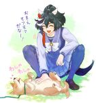  1girl ^_^ afterimage animal_ears black_hair brown_footwear closed_eyes crossed_bangs dog full_body hair_ornament heart horse_ears horse_girl horse_tail katsuragi_ace_(umamusume) leash long_sleeves motion_lines multicolored_hair new_(new21u) open_mouth petting ponytail purple_shirt purple_skirt purple_thighhighs sailor_collar school_uniform shirt shoes short_hair skirt smile solo squatting streaked_hair tail tail_wagging thighhighs tracen_school_uniform translation_request twitter_username umamusume v-shaped_eyebrows watermark 