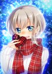  1girl :d aoba_moka aqua_eyes bang_dream! blue_background blurry blush bokeh box breath depth_of_field gift grey_hair heart-shaped_box highres holding holding_gift long_sleeves looking_at_viewer open_mouth plaid plaid_scarf red_scarf ribbed_sweater scarf short_hair sleeves_past_wrists smile snowing solo sweater tsurugi_hikaru upper_body valentine white_sweater 
