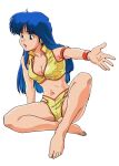  1girl armlet barefoot blue_eyes blue_hair bracelet breasts cleavage crop_top dirty_pair full_body jewelry knee_up long_hair midriff navel non-web_source official_art open_mouth outstretched_arm photoshop_(medium) simple_background sitting solo white_background yuri_(dirty_pair) 