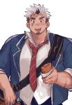  1boy akiha_gongen_(housamo) bag bandaid bandaid_on_face bandaid_on_nose bara black_horns blue_jacket bread brown_eyes collared_shirt commentary dark-skinned_male dark_skin diagonal-striped_necktie facial_hair food goatee highres holding holding_food horns jacket lapels looking_at_viewer male_focus multicolored_hair muscular muscular_male necktie notched_lapels open_mouth red_necktie scar scar_across_eye scar_on_arm scar_on_cheek scar_on_face school_uniform shirt short_hair shoulder_bag sideburns simple_background single_horn smile solo sonikinme teeth thick_eyebrows tokyo_afterschool_summoners two-tone_hair upper_body upper_teeth_only white_background white_hair white_shirt 
