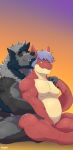 absurd_res anthro belly blue_hair canid canine canis chubby_male dragon duo eyes_closed fraenky_wolf fur hair hi_res love love_handles male male/male mammal nude overweight overweight_male padzyan romantic romantic_couple simple_background slightly_chubby smile surokoida wolf