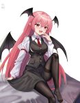  1girl absurdres bat_wings bed black_skirt black_vest breasts collared_shirt dated drooling fang feet head_wings highres juliet_sleeves koakuma large_breasts leg_up light_blush long_hair long_sleeves necktie pantyhose pink_hair pocket pointy_ears puffy_sleeves qinyuzhen red_eyes red_necktie saliva shirt signature simple_background sitting skirt smile solo teeth touhou upper_teeth_only very_long_hair vest white_background white_shirt wings 