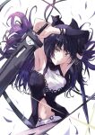  1girl armpits black_hair blake_belladonna bow breasts detached_sleeves dual_wielding gambol_shroud hair_bow highres holding holding_sword holding_weapon large_breasts long_hair midriff nail_polish navel open_clothes open_mouth purple_nails ribbon rwby shorts sleeveless solo sword weapon white_background white_shorts yellow_eyes 
