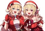  2girls :d absurdres akai_haato bare_shoulders belt black_belt blonde_hair blue_eyes blush bow bowtie capelet dress fork fur-trimmed_gloves fur_trim gloves hair_ornament hand_on_another&#039;s_shoulder hat heterochromia highres holding holding_fork hololive hoshikawa_sara long_hair looking_at_viewer multiple_girls nijisanji off_shoulder open_mouth pink_eyes red_bow red_bowtie red_capelet red_dress red_gloves red_headwear santa_costume santa_hat shinomu_(cinomoon) sidelocks simple_background smile upper_body v virtual_youtuber white_background x_hair_ornament yellow_eyes 