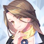  1girl ace_attorney blush brown_hair bucchake_(asami) closed_mouth collarbone earrings hair_intakes jewelry long_hair mia_fey mole mole_under_mouth portrait smile solo swept_bangs yellow_eyes 