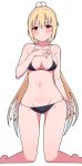  1girl absurdres arihara_nanami arm_at_side ass_visible_through_thighs bare_arms barefoot bikini black_bikini blonde_hair blush breasts cleavage closed_mouth collarbone commentary curvy eyelashes feet_out_of_frame frown groin hair_between_eyes hair_ornament halterneck hand_on_own_chest hand_up highres kneeling large_breasts long_hair looking_at_viewer navel pom_pom_(clothes) pom_pom_hair_ornament ponytail red_eyes riddle_joker shy side-tie_bikini_bottom simple_background solo stomach straight_hair sweatdrop swimsuit thighs very_long_hair white_background zlmh7okwwbmghfo 