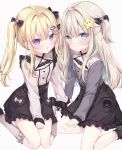  2girls :t black_bow black_footwear black_skirt blonde_hair blue_eyes blue_hair blush bow brown_hair closed_mouth colored_inner_hair commentary_request frilled_skirt frilled_socks frills grey_background grey_shirt grey_socks hair_bow hair_ornament heart heart_hair_ornament highres hoshi_(snacherubi) long_hair long_sleeves looking_at_viewer mole mole_under_eye multicolored_hair multiple_girls original pout puffy_long_sleeves puffy_sleeves purple_eyes shirt shoes simple_background sitting skirt sleeves_past_wrists socks star_(symbol) star_hair_ornament twintails two-tone_hair two_side_up very_long_hair wariza 