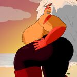 absurd_res alien alien_humanoid beach big_breasts big_butt boots breasts butt cartoon_network clothing cloud detailed_background female footwear gem_(species) hair hi_res humanoid jasper_(gem_species) jasper_(steven_universe) lips long_hair looking_at_viewer looking_back m4n markings muscular muscular_female nipples sea seaside side_boob solo steven_universe thick_lips thick_thighs tight_clothing water