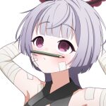  1girl armpits arms_behind_head bandaged_arm bandages bandaid bandaid_on_cheek bandaid_on_face bandaid_on_shoulder blue_archive blush grey_hair halo highres looking_up pencil pencil_as_mustache petako_(ptpt_k) purple_eyes shuro_(blue_archive) solo upper_body 