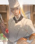  1boy bakery blue_eyes croissant dark-skinned_male dark_skin food guilty_gear holding holding_tongs long_hair looking_at_viewer male_focus shirt shop smile solo tongs tray venom_(guilty_gear) white_hair white_headwear white_shirt youmicitrustea 