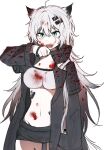  1girl 5rwpvc :o ahoge animal_ears arknights black_coat black_shorts blood blood_on_clothes blood_on_face breasts cleavage coat cowboy_shot fangs grey_eyes highres infection_monitor_(arknights) lappland_(arknights) large_breasts long_hair long_sleeves looking_at_viewer navel open_mouth scar scar_across_eye shorts simple_background solo stomach strapless tail tube_top white_background white_hair white_tube_top wolf_ears wolf_girl wolf_tail 