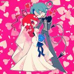  1boy 1girl ahoge antenna_hair blue_hair blue_ribbon bouquet breasts chain chain_leash cleavage collar colored_skin commission couple demon_boy demon_tail dress fang flower forced_partners funamusea funamusea_(artist) grey_suit hair_flower hair_ornament heart heart_ahoge heart_background highres hijoushiki_roc holding holding_bouquet holding_leash large_breasts leash lobco_(wadanohara) lobster_girl official_art oounabara_to_wadanohara open_mouth pink_background red_eyes red_hair ribbon short_hair single_tear skeb_commission suit tail wedding_dress white_dress white_skin 