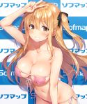  1girl arm_up armpits bare_arms bare_shoulders bikini blush bow bowtie breasts brown_eyes brown_hair cleavage collarbone erect_nipples eyepatch_bikini fingernails front-tie_bikini front-tie_top hair_bow highres large_breasts leaning_forward long_hair looking_at_viewer navel original parted_lips pink_bikini shadow shiny shiny_clothes shiny_hair shiny_skin short_twintails side-tie_bikini sidelocks smile sofmap_background solo step_and_repeat stomach swimsuit teeth twintails v yuuki_hagure 