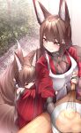  2girls absurdres age_difference aged_down amagi-chan_(azur_lane) amagi_(azur_lane) animal_ear_fluff animal_ears apron azur_lane blunt_bangs blush bodysuit breasts bridal_gauntlets brown_hair choker cleavage closed_eyes cooking_pot dated_commentary english_commentary floor fox_ears fox_girl fox_tail hair_ornament hands_on_another&#039;s_waist highres holding holding_cooking_pot holding_whisk hug hug_from_behind japanese_clothes kimono kitsune kyuubi large_breasts long_hair looking_at_another multiple_girls multiple_tails plant purple_eyes red_kimono samip sidelocks smile tail thick_eyebrows twintails whisk white_apron wide_sleeves 