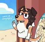 &lt;3 &lt;3_eyes anthro beach bluey_(series) bodily_fluids canid canine canis dialogue domestic_dog female hi_res looking_at_viewer mammal sand seaside sindr1 solo standing surfboard surfer_girl(bluey) sweat talking_to_viewer