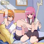  2girls barefoot black_socks foot_tickling highres holding_another&#039;s_leg multiple_girls on_bed orange_eyes orange_hair original pink_eyes pink_hair qiufengxiaose restrained sailor_collar socks soles thigh_strap tickling worried yuri 