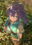  1girl ahonoko dress fingerless_gloves fir_(fire_emblem) fire_emblem fire_emblem:_the_binding_blade flower gloves green_dress hair_between_eyes holding holding_sword holding_weapon jacket long_hair looking_to_the_side open_clothes open_jacket outdoors ponytail purple_eyes purple_hair sheath sheathed short_sleeves solo sweatdrop sword weapon 