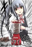  1girl bangs black_ribbon blender bowl brown_eyes buttons chocolate dress emphasis_lines eyebrows_visible_through_hair food grey_hair h2_(h20000000) hair_ribbon highres holding kantai_collection kasumi_(kantai_collection) long_hair long_sleeves motion_lines neck_ribbon ponytail red_neckwear red_ribbon remodel_(kantai_collection) ribbon shaded_face shirt side_ponytail simple_background solo sound_effects translation_request valentine white_background white_shirt 