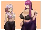 1girl 2girls absurdres alternate_breast_size alternate_costume bare_shoulders black_bra blunt_bangs bra breasts contemporary doublehero drop_earrings earrings elf fern_(sousou_no_frieren) frieren height_difference highres jewelry large_breasts long_hair looking_at_viewer medium_breasts multiple_girls pants parted_bangs pointy_ears purple_eyes purple_hair sousou_no_frieren straight_hair tight_clothes tight_pants twintails underwear white_bra yoga_pants 