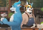 absurd_res anthro blue_body blue_eyes blue_fur canid canine claws clothed clothing countershade_face countershade_fur countershade_torso countershading dragon duo fingers fur furred_dragon green_eyes hi_res horn kemono kun_blackcat male mammal open_mouth open_smile plant smile tail