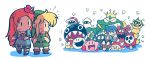  1girl blonde_hair blooper blue_dress cameo chain_chomp cheep_cheep chibi commentary crystal dr._wright dress flower goomba hair_flower hair_ornament hat jewelry kirby kirby_(series) link marin_(the_legend_of_zelda) mario_(series) monster multiple_boys nintendo pendant piranha_plant rariatto_(ganguri) red_hair shy_guy sim_city surprised the_legend_of_zelda the_legend_of_zelda:_link&#039;s_awakening tunic wart_(mario) wiggler yoshi 