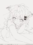  1girl animal_ears arknights art_program_in_frame blush closed_mouth greyscale hair_ornament hairclip highres lappland_(arknights) light_smile looking_at_viewer messy_hair monochrome sato_(lappysuki) scar scar_across_eye shirt simple_background sketch solo 