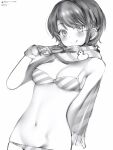  1girl absurdres bare_arms bare_shoulders bikini breasts cowboy_shot gloves greyscale groin highres hololive light_blush looking_at_viewer medium_breasts monochrome nanashi_(nlo) navel oozora_subaru scarf short_hair simple_background smile solo stomach striped striped_bikini striped_scarf swimsuit virtual_youtuber 