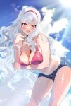  1girl absurdres arm_under_breasts bikini bikini_top_only breasts cleavage cloud cloudy_sky hairband highres idolmaster large_breasts leaning_forward long_hair looking_at_viewer midnamana red_eyes red_hairband shijou_takane short_shorts shorts sky smile solo sun sunlight swimsuit white_hair 