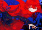  1girl black_shirt blue_bow bow cape closed_mouth disembodied_head hair_between_eyes hair_bow itomugi-kun long_sleeves pleated_skirt red_cape red_eyes red_hair red_skirt sekibanki shirt short_hair skirt solo touhou 