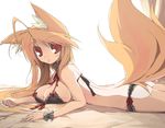  animal_ears bad_id bad_pixiv_id blush bra breast_press breasts endou_chihiro fox_ears fox_tail kuu_(endou_chihiro) large_breasts long_hair looking_at_viewer lying on_stomach original panties red_eyes sideboob solo tail underwear underwear_only 