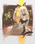  1girl animal_ears bell bow breasts cat_ears cat_tail dark-skinned_female dark_skin detached_collar fake_animal_ears fake_tail guilty_gear highres jingle_bell long_hair medium_breasts nontraditional_playboy_bunny pantyhose ramlethal_valentine short_shorts shorts tail white_hair white_shorts yellow_eyes youmicitrustea 