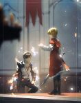  2boys black_footwear black_hair blonde_hair blurry blurry_foreground closed_mouth commentary_request final_fantasy final_fantasy_xvi glowing highres holding holding_sword holding_weapon indoors long_sleeves male_focus multiple_boys ouka_(stan) sword weapon 