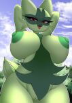absurd_res areola biped breasts female fur generation_9_pokemon genitals green_body hands_behind_head hi_res looking_at_viewer nikowhith nintendo nipple_dip nipples nude pokemon pokemon_(species) pupils pussy solo sprigatito thick_thighs tongue tongue_out