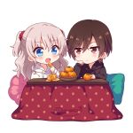  1boy 1girl black_hair blue_eyes brown_eyes brown_hair charlotte_(anime) eating food fruit grey_hair kotatsu kousetsu long_hair mandarin_orange open_mouth otosaka_yuu short_hair table tomori_nao white_hair 