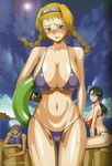  3girls absurdres bare_shoulders bikini black_eyes black_hair blonde_hair blue_hair blush bra braid breasts carrying cattleya cleavage cloud collarbone dark_skin embarrassed expressionless female foreshortening glasses hairband head_tilt highres hips innertube irma kinoko_allstars large_breasts leina lens_flare lips long_hair long_image looking_at_viewer mound_of_venus multiple_girls navel official_art one-piece_swimsuit outdoors panties purple_bikini purple_eyes queen&#039;s_blade queen's_blade red_bikini shiny shiny_skin short_hair sitting skindentation sky smile standing strapless strapless_bikini sun swimsuit tall_image thigh_gap thighs thong_bikini twin_braids underwear water wet 