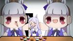  1girl 2others animal_ears aqua_bow blank_room_soup blush_stickers bow bowtie brown_headwear chinese_commentary commentary cosplay crumbs crying cupcake doorway doqute_stuffed_doll ear_bow english_commentary food gold_ship_(umamusume) grey_hair headgear highres horse_ears horse_girl indoors kigurumi long_hair mejiro_mcqueen_(umamusume) mixed-language_commentary multiple_others pillbox_hat puffy_short_sleeves puffy_sleeves purple_bow purple_bowtie purple_eyes purple_hair purple_shirt sailor_collar sailor_shirt school_uniform shirt short_sleeves sidelocks streaming_tears suigetsu_(moon) summer_uniform swept_bangs tears tracen_school_uniform troll_face umamusume white_sailor_collar 