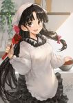  1girl ahoge apron bangs black_hair blush brown_eyes chocolate commentary_request cooking eyebrows_visible_through_hair frills hair_between_eyes hair_ribbon hat headband highres holding indoors kantai_collection kappougi long_hair long_sleeves looking_at_viewer low-tied_long_hair open_mouth pot red_ribbon ribbon shouhou_(kantai_collection) smile solo spatula standing toka_(marchlizard) valentine 
