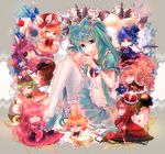  5girls alice_in_musicland_(vocaloid) animal_ears ayaya_(wpfoal) bad_id bad_pixiv_id book copyright_name crown cup dress eyepatch fang flower goggles goggles_on_head hat hatsune_miku kagamine_len kagamine_rin kaito kamui_gakupo long_hair mary_janes megurine_luka meiko multiple_boys multiple_girls one_eye_closed pocket_watch seeu shoes sitting teacup teapot thighhighs top_hat very_long_hair vocaloid watch white_legwear 
