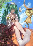  badge bag bandaid bird branch breasts button_badge cleavage cloud collarbone day feet green_eyes hand_on_own_knee hatsune_miku highres iq2000lb leaf long_hair looking_at_viewer medium_breasts nail_polish no_shoes sign sitting skirt socks solo unzipped vocaloid 