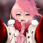  1girl fangs hair_between_eyes heart heart-shaped_pupils idolmaster jougasaki_mika kirisaki_byakko long_tongue looking_at_viewer mittens monsterification open_mouth pink_hair red_scarf saliva saliva_drip saliva_trail scarf solo symbol-shaped_pupils tongue tongue_out yellow_eyes 