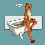  bathtub canine english_text female flat_chested fox fur inviting mammal nude orange_fur pussy solo text tuke water wet 