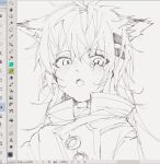  1girl :o animal_ears arknights art_program_in_frame blush coat fang greyscale hair_ornament hairclip high_collar highres lappland_(arknights) looking_at_viewer messy_hair monochrome sato_(lappysuki) scar scar_across_eye simple_background sketch skin_fang solo 